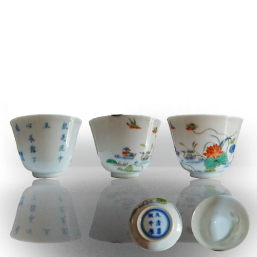 五彩花鸟诗文花神杯