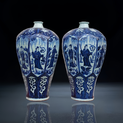 【刘帝海】青花人物故事纹八棱梅瓶(一对)