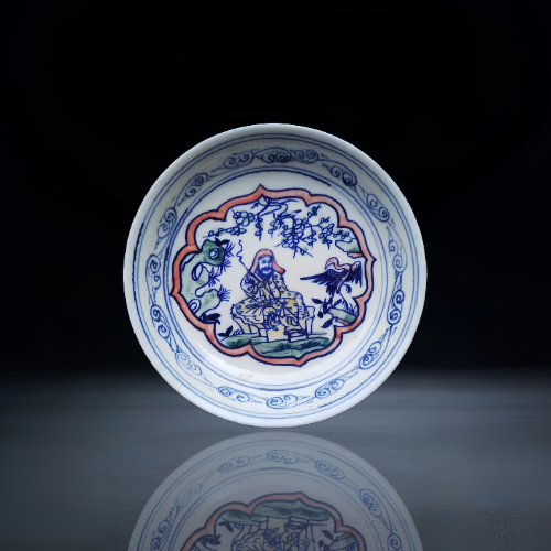 【刘其雄】永乐款青花加彩人物盘