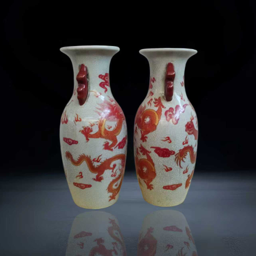 【代桂军】“乾隆年制” 款矾红描金龙纹双耳瓶一对