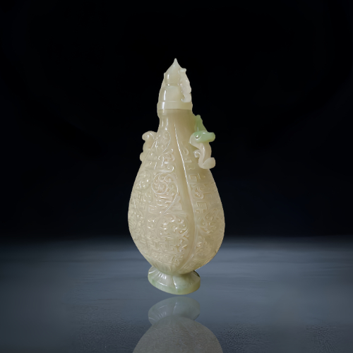 【伍玉】青白玉雕花卉纹盖瓶