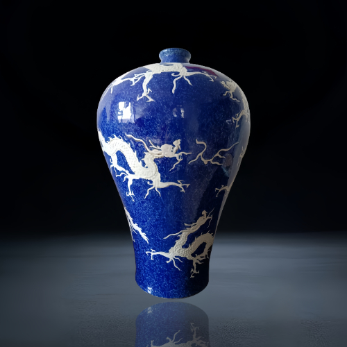 【于作英】洒蓝釉留白刻龙纹梅瓶