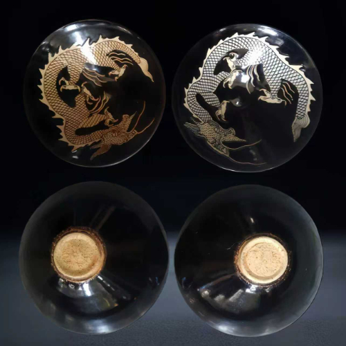 【仇文余】宋 吉州窑黑釉刻划龙凤纹 / 莲池鸳鸯纹碗(两对)