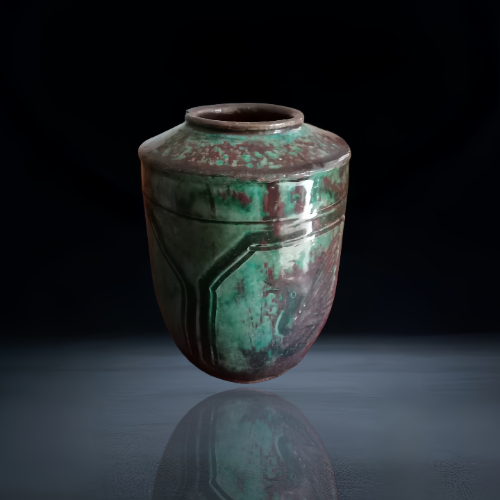 【刘先生】磁州窑系孔雀绿釉开光花鸟纹罐