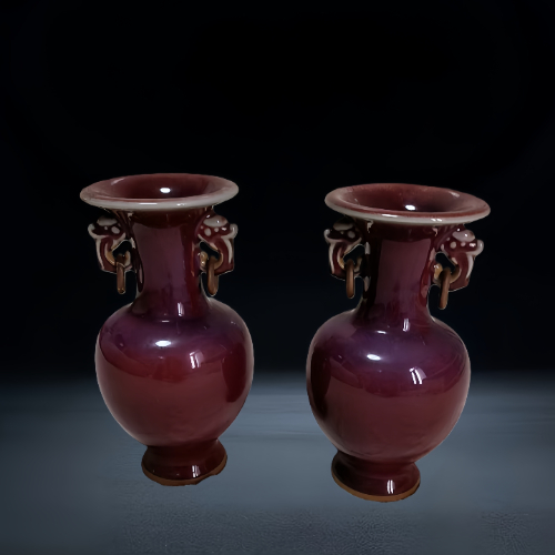 钧瓷红釉兽耳衔环瓶（一对）