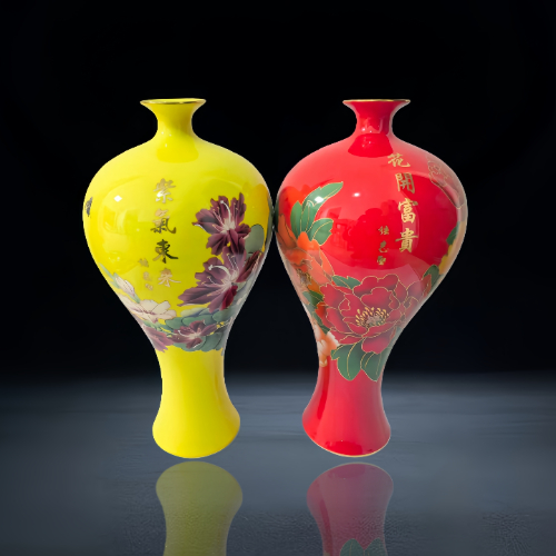 【陈治林】《花开富贵》红黄釉描金对瓶