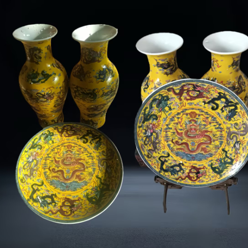 黄地粉彩九龙纹赏器套装